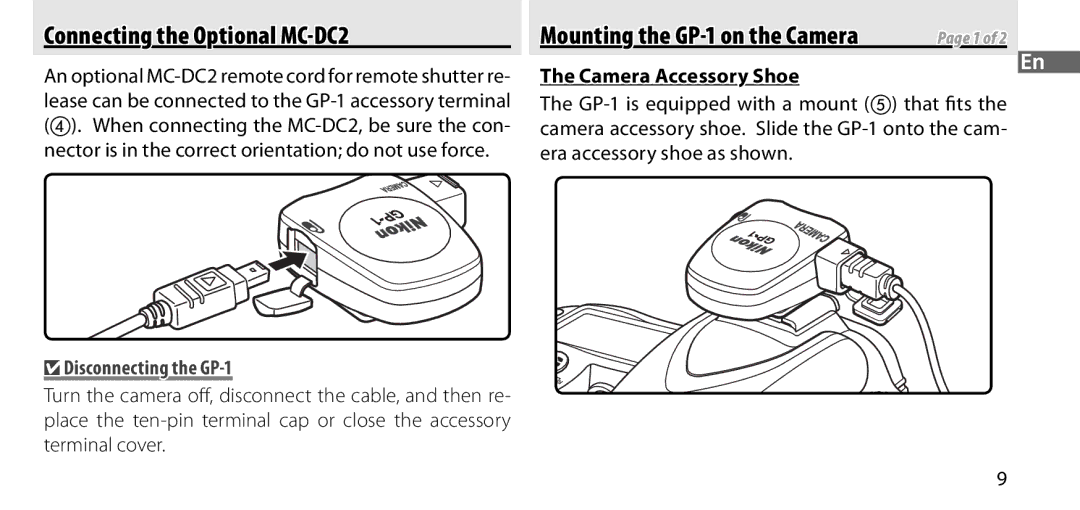 Nikon manual Connecting the Optional MC-DC2, Camera Accessory Shoe, Disconnecting the GP-1 