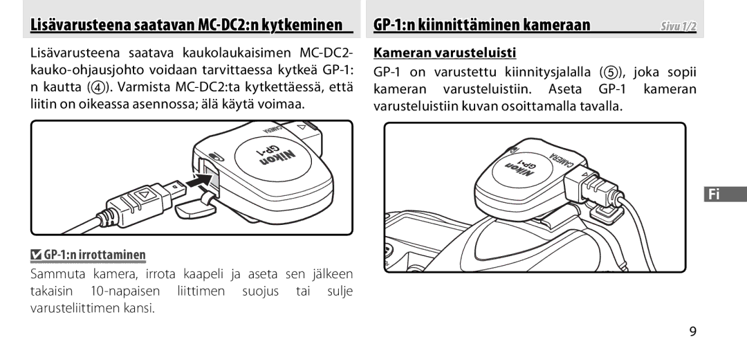 Nikon manual GP-1n kiinnittäminen kameraan, Kameran varusteluisti, GP-1n irrottaminen 