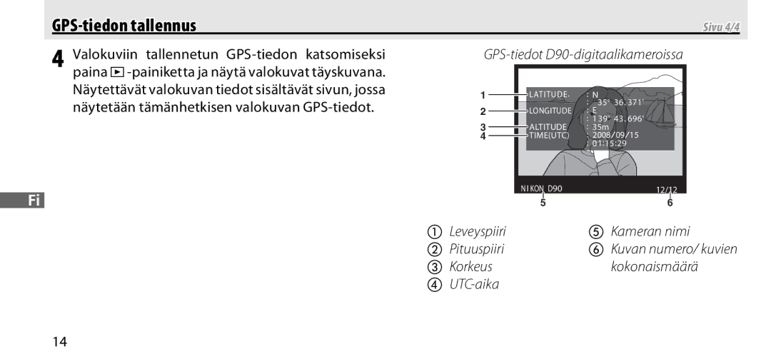 Nikon GP-1 manual Valokuviin tallennetun GPS-tiedon katsomiseksi, Näytetään tämänhetkisen valokuvan GPS-tiedot, Sivu 4/4 