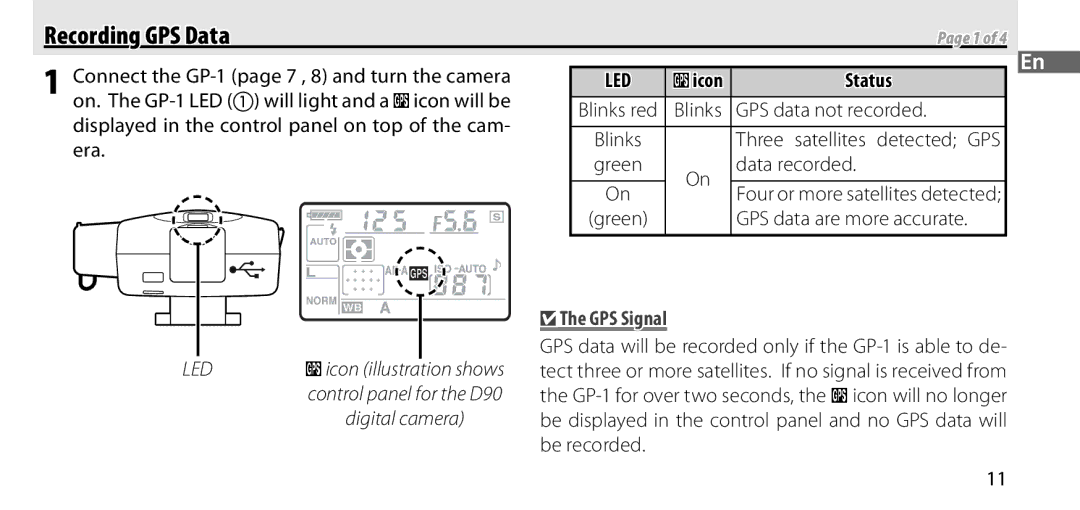 Nikon GP-1 manual Recording GPS Data, Status 