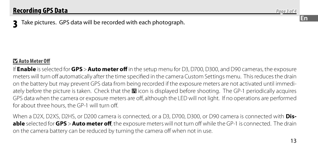 Nikon GP-1 manual Recording GPS Data, Auto Meter Oﬀ 