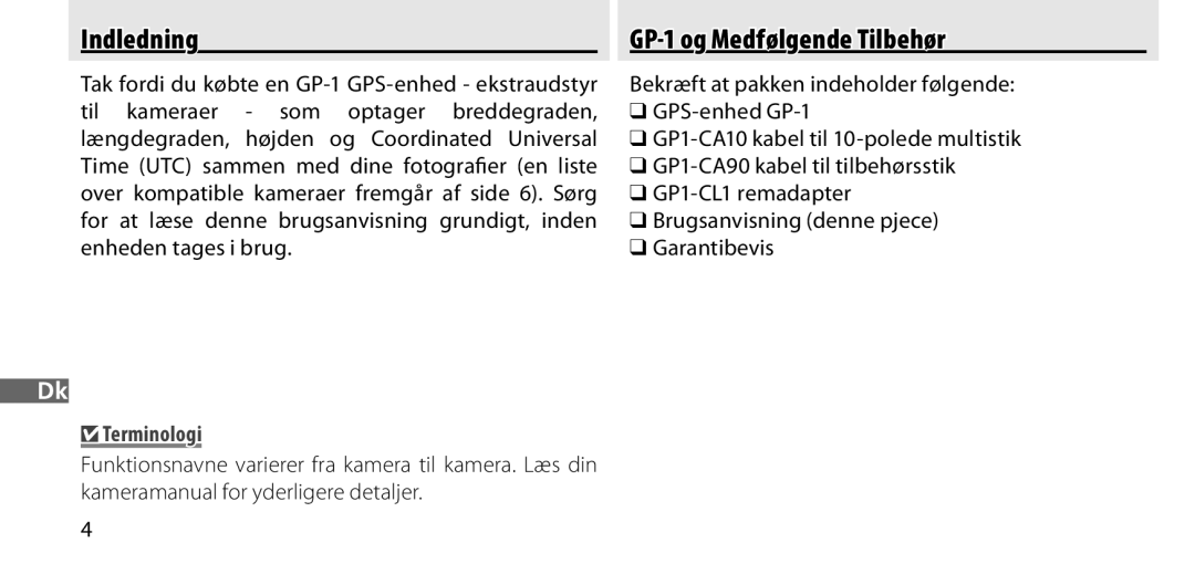 Nikon manual Indledning GP-1 og Medfølgende Tilbehør, Bekræft at pakken indeholder følgende 