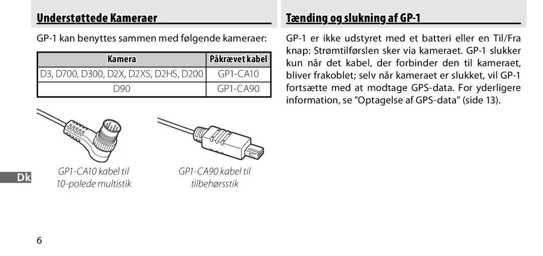 Nikon manual Understøttede Kameraer, Tænding og slukning af GP-1, GP-1 kan benyttes sammen med følgende kameraer 