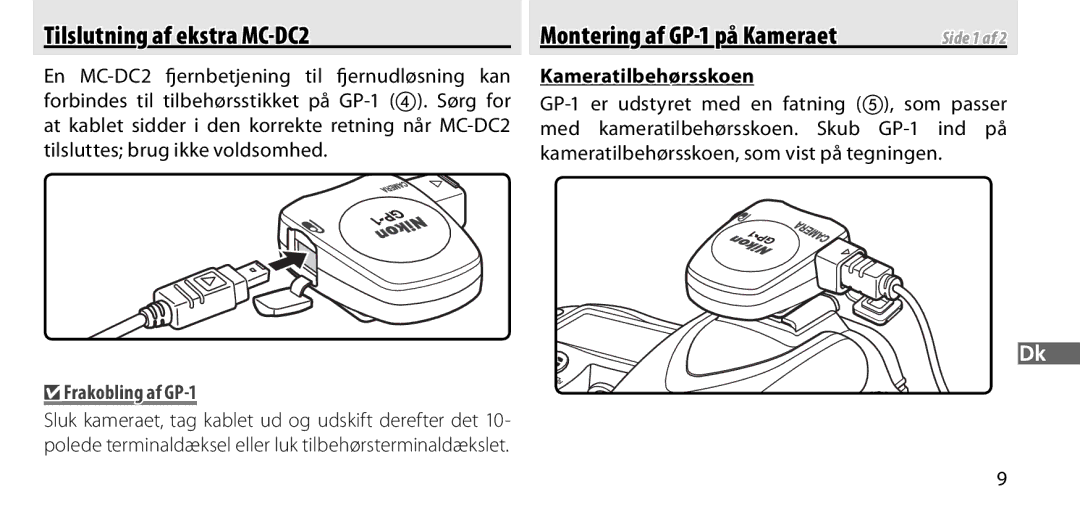 Nikon manual Tilslutning af ekstra MC-DC2, Montering af GP-1 på Kameraet, Frakobling af GP-1 