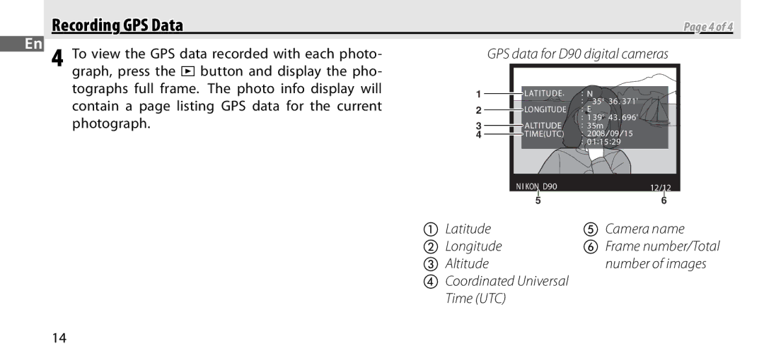 Nikon GP-1 To view the GPS data recorded with each photo, Contain a page listing GPS data for the current, Photograph 