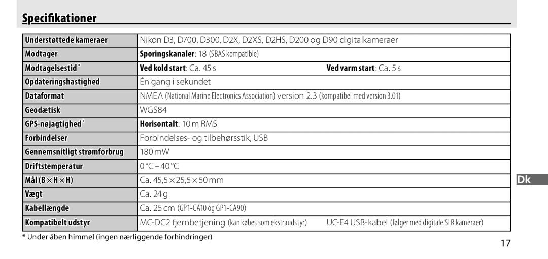 Nikon GP-1 manual Speciﬁkationer, Gennemsnitligt strømforbrug 