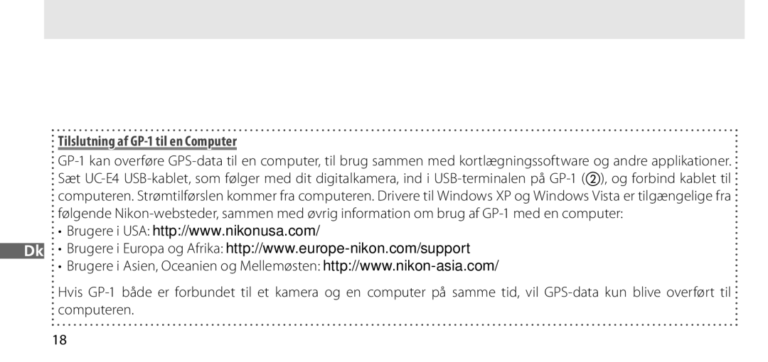 Nikon manual Tilslutning af GP-1 til en Computer 