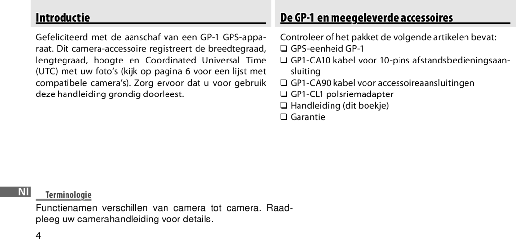 Nikon manual Introductie, De GP-1 en meegeleverde accessoires, Nl D Terminologie 