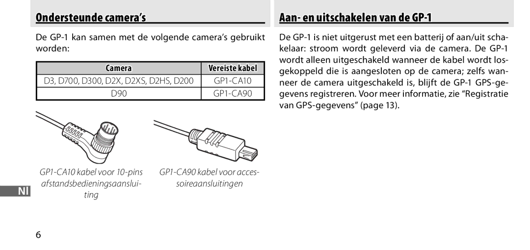 Nikon manual Ondersteunde camera’s, Aan- en uitschakelen van de GP-1, Vereiste kabel 