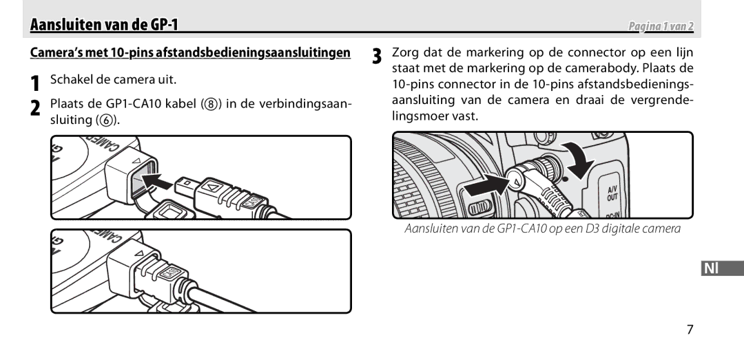 Nikon Aansluiten van de GP-1, Schakel de camera uit, Sluiting, Camera’s met 10-pins afstandsbedieningsaansluitingen 