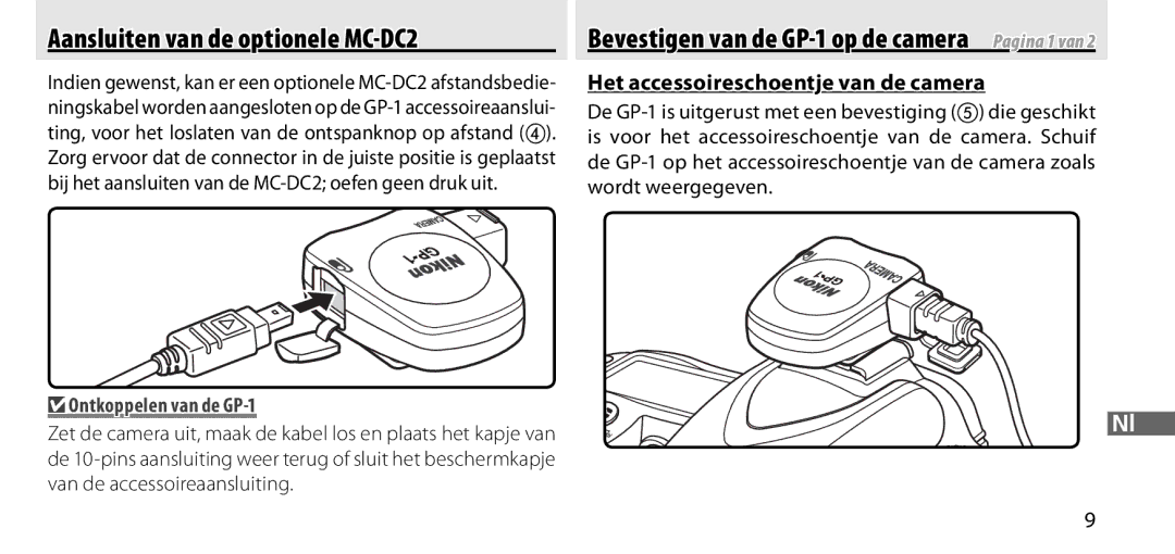 Nikon manual Aansluiten van de optionele MC-DC2, Het accessoireschoentje van de camera, Ontkoppelen van de GP-1 