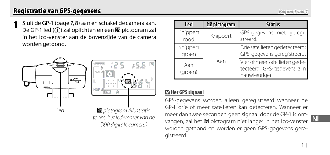 Nikon GP-1 manual Registratie van GPS-gegevens, Het GPS signaal 