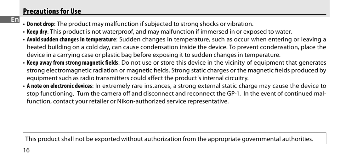 Nikon GP-1 manual Precautions for Use 