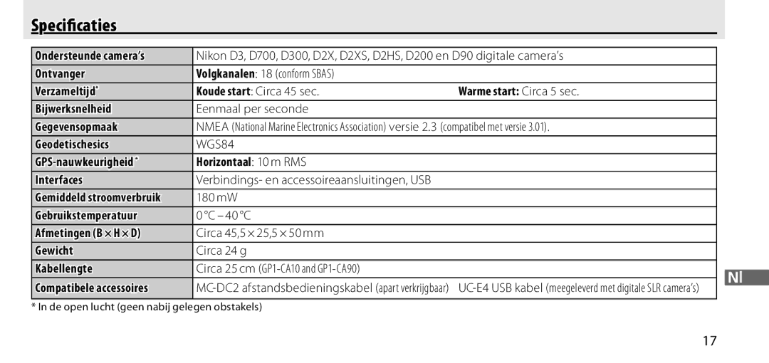 Nikon GP-1 manual Speciﬁcaties, MC-DC2 afstandsbedieningskabel apart verkrijgbaar 