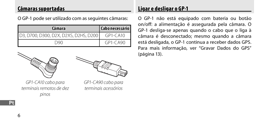 Nikon Câmaras suportadas, Ligar e desligar o GP-1, GP-1 pode ser utilizado com as seguintes câmaras, Cabo necessário 