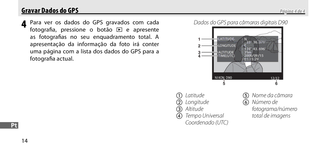 Nikon GP-1 Gravar Dados do GPS, Para ver os dados do GPS gravados com cada, Apresentação da informação da foto irá conter 