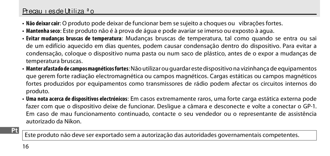 Nikon GP-1 manual Precauções de Utilização 