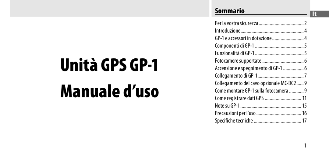 Nikon manual Unità GPS GP-1 Manuale d’uso, Sommario 