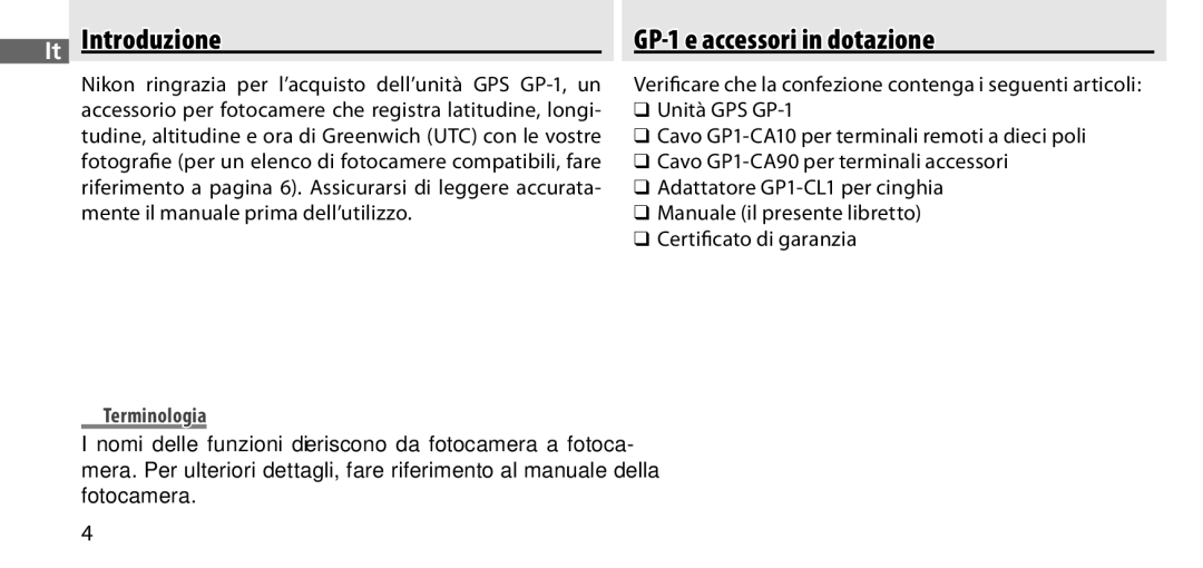 Nikon manual It Introduzione, GP-1 e accessori in dotazione, Terminologia 