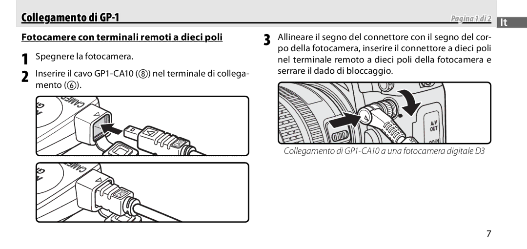 Nikon manual Collegamento di GP-1, Fotocamere con terminali remoti a dieci poli, Pagina 1 di 2 It 