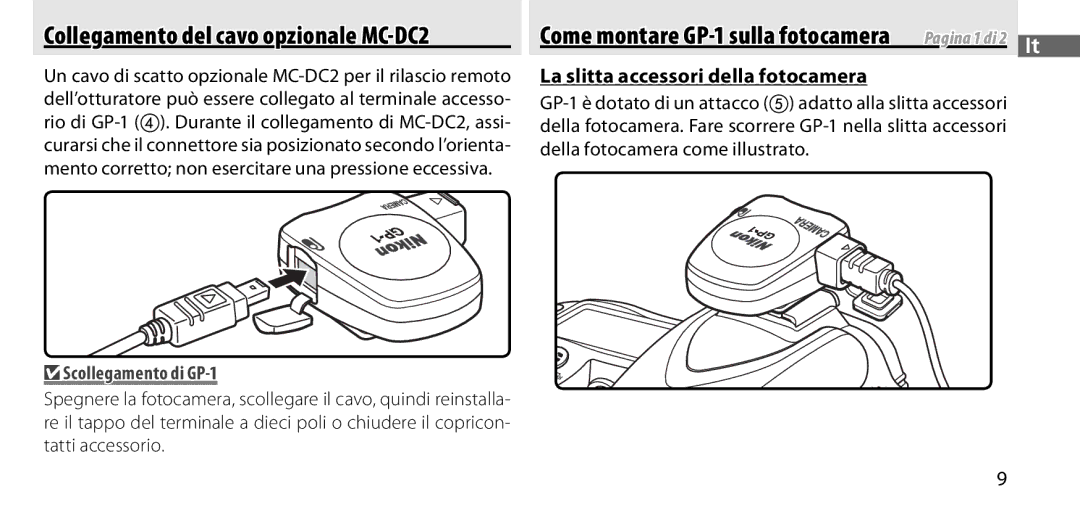 Nikon manual La slitta accessori della fotocamera, Scollegamento di GP-1 