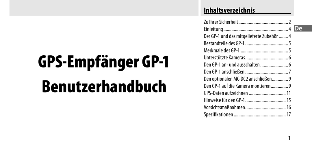 Nikon manual GPS-Empfänger GP-1 Benutzerhandbuch, Inhaltsverzeichnis 