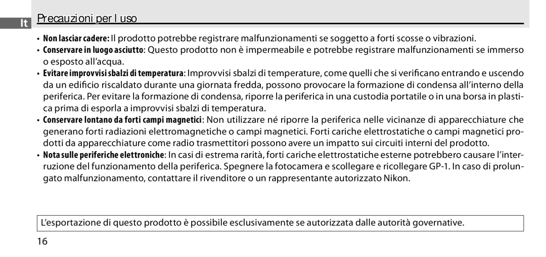 Nikon GP-1 manual It Precauzioni per l’uso 