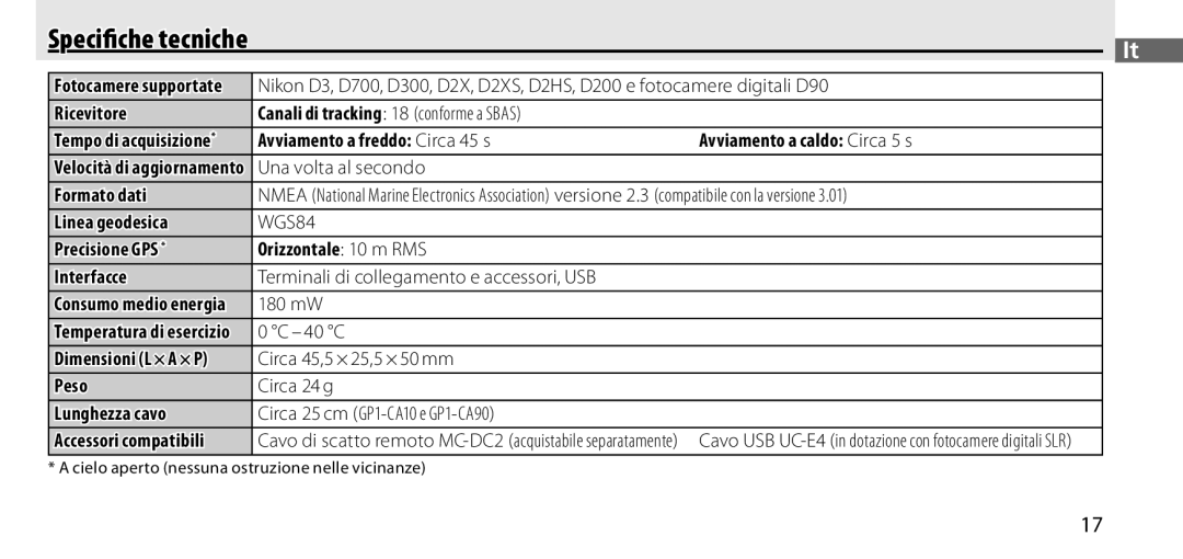 Nikon GP-1 manual Fotocamere supportate, Tempo di acquisizione, Consumo medio energia, Temperatura di esercizio 