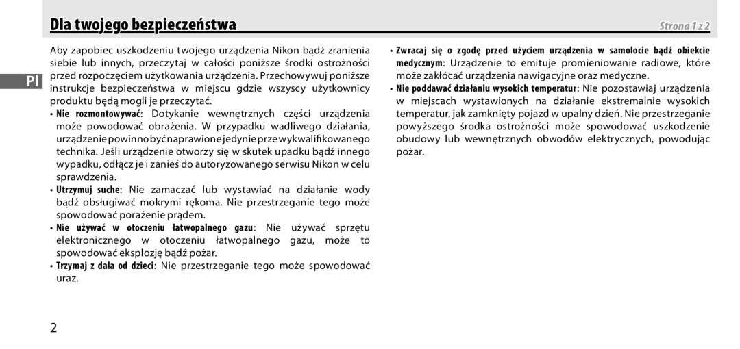 Nikon GP-1 manual Dla twojego bezpieczeństwa, Strona 1 z 