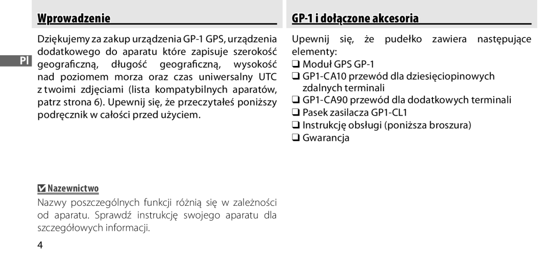 Nikon manual Wprowadzenie GP-1 i dołączone akcesoria, Podręcznik w całości przed użyciem, Nazewnictwo 