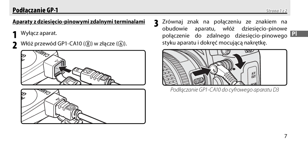 Nikon manual Podłączanie GP-1, Zrównaj znak na połączeniu ze znakiem na 