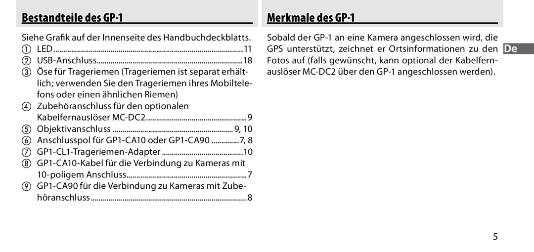 Nikon manual Bestandteile des GP-1 Merkmale des GP-1 