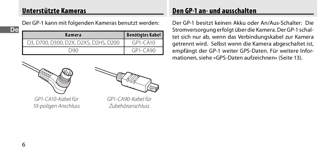 Nikon manual Unterstützte Kameras, Den GP-1 an- und ausschalten 