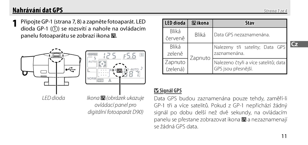 Nikon GP-1 manual Nahrávání dat GPS, Stav 