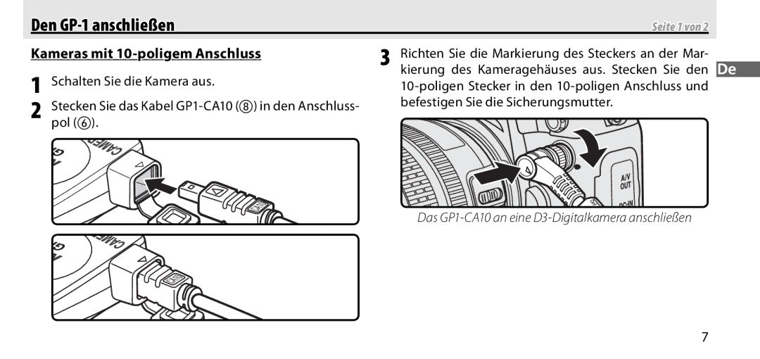 Nikon manual Den GP-1 anschließen, Kameras mit 10-poligem Anschluss, Schalten Sie die Kamera aus, Pol 