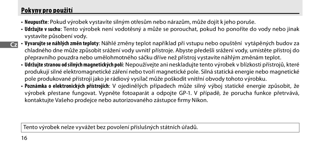 Nikon GP-1 manual Pokyny pro použití 