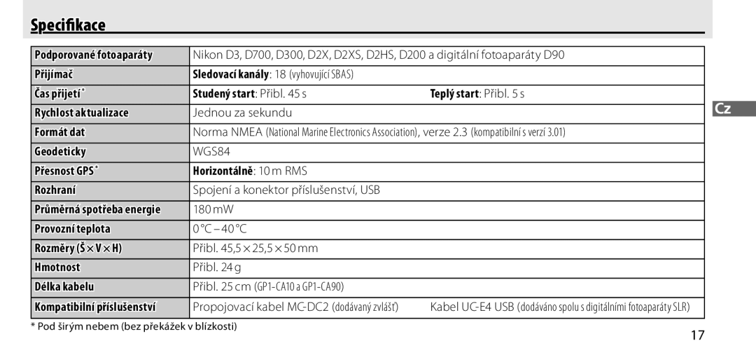 Nikon GP-1 manual Speciﬁkace, Podporované fotoaparáty, Průměrná spotřeba energie, Kompatibilní příslušenství 