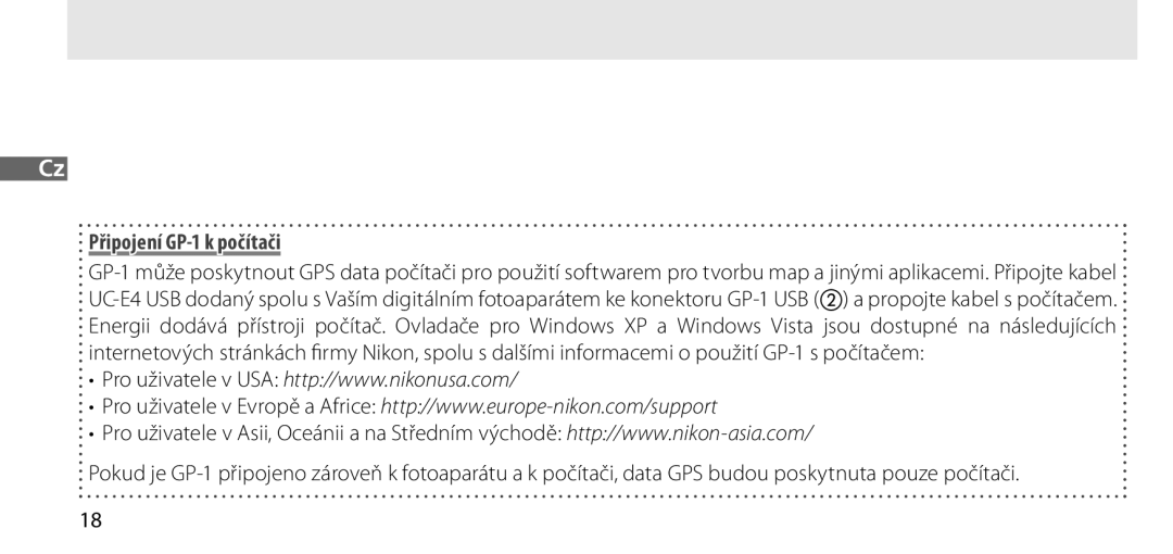 Nikon manual Připojení GP-1 k počítači 