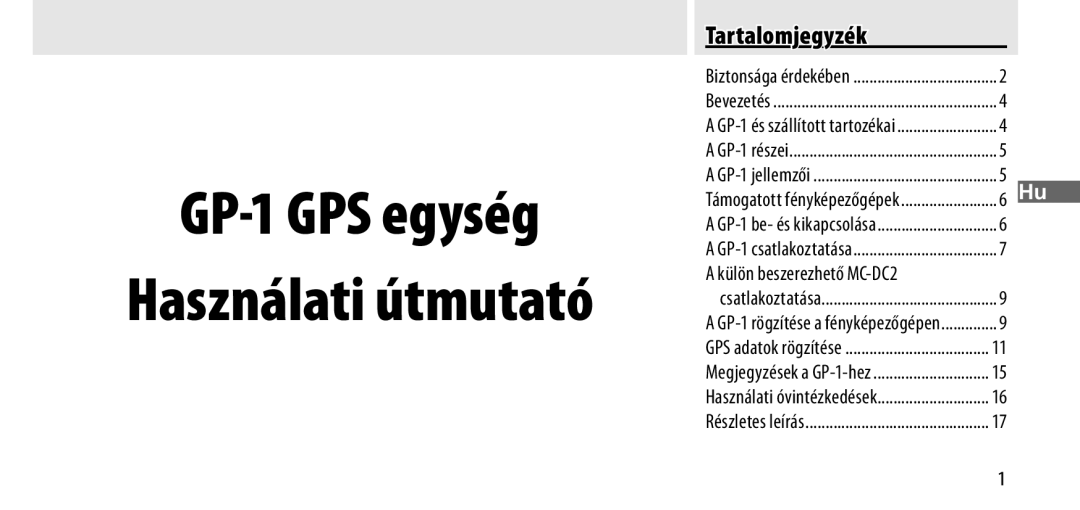 Nikon GP-1 manual Tartalomjegyzék, Külön beszerezhető MC-DC2 