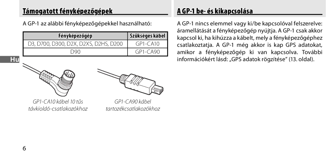 Nikon manual Támogatott fényképezőgépek, GP-1 be- és kikapcsolása, GP-1 az alábbi fényképezőgépekkel használható 