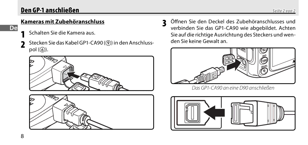 Nikon GP-1 manual Kameras mit Zubehöranschluss 