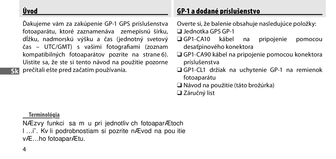 Nikon manual GP-1 a dodané príslušenstvo, Sk prečítali ešte pred začatím používania, Terminológia 