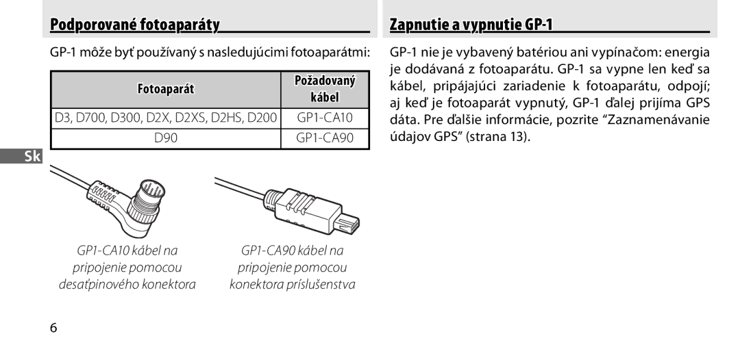 Nikon manual Podporované fotoaparáty Zapnutie a vypnutie GP-1, Kábel 