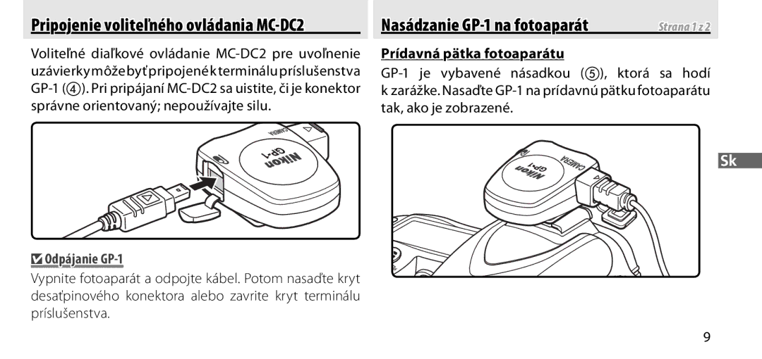 Nikon manual Nasádzanie GP-1 na fotoaparát, Prídavná pätka fotoaparátu, Odpájanie GP-1 