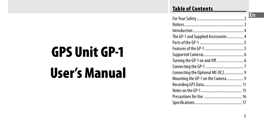 Nikon manual GPS Unit GP-1 User’s Manual, Table of Contents 