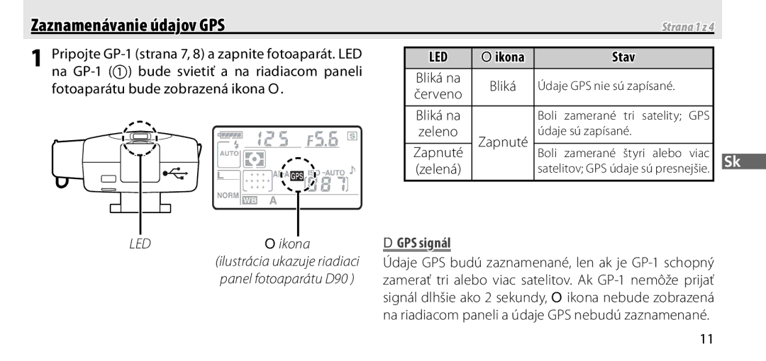 Nikon manual Zaznamenávanie údajov GPS, Na GP-1 bude svietiť a na riadiacom paneli, Fotoaparátu bude zobrazená ikona O 