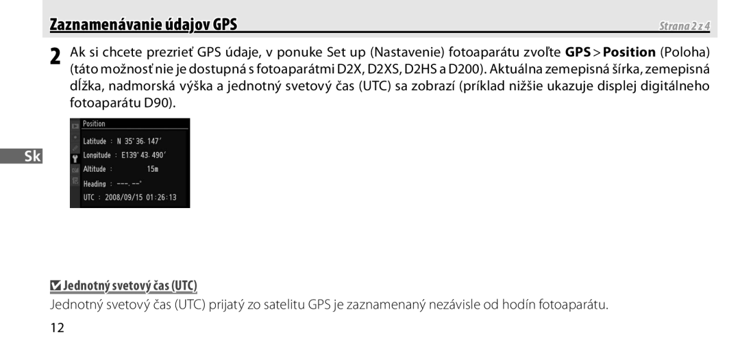 Nikon GP-1 manual Zaznamenávanie údajov GPS, Jednotný svetový čas UTC, Strana 2 z 