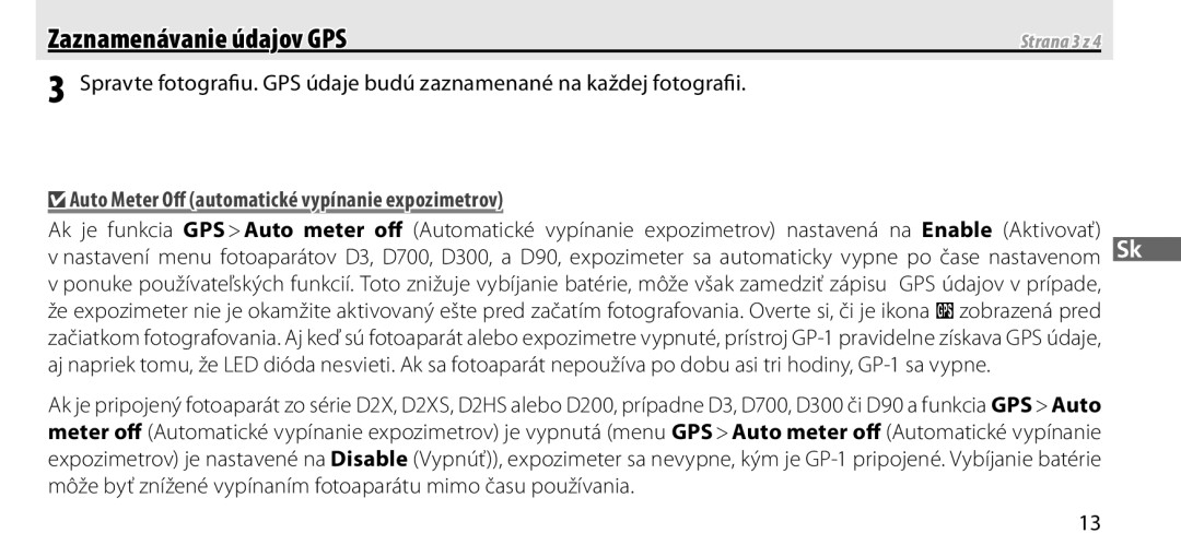 Nikon GP-1 manual Auto Meter Oﬀ automatické vypínanie expozimetrov, Strana 3 z 