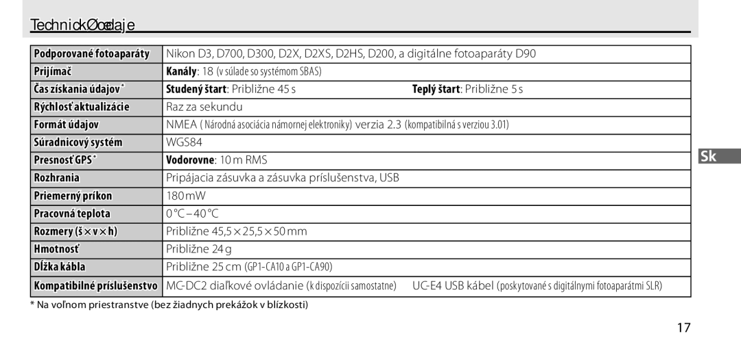 Nikon GP-1 manual Technické údaje, Rýchlosť aktualizácie 