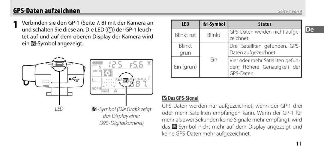 Nikon GP-1 manual GPS-Daten aufzeichnen, Tet auf und auf dem oberen Display der Kamera wird, Ein O-Symbol angezeigt 